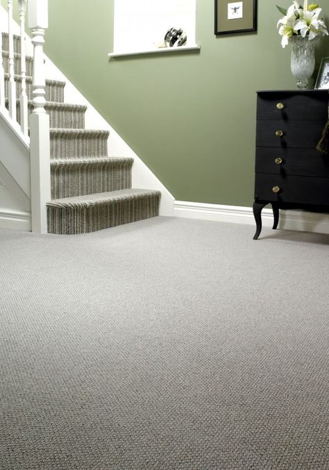 Love the stairs in a different carpeting Grey Carpet Living Room, Carpet Diy, Grey Hallway, Carpet Staircase, Hall Colour, Hallway Colours, Striped Carpets, Green Hallway, Sage Green Walls