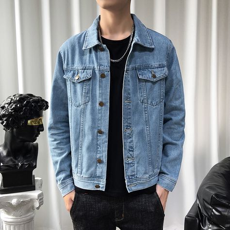 Fitted Jean Jacket, Print Outerwear, Slim Jacket, Casual Denim Jacket, Jackets Casual, Oufits Casual, Jean Jacket Men, Slim Fit Jackets, Men Plus Size