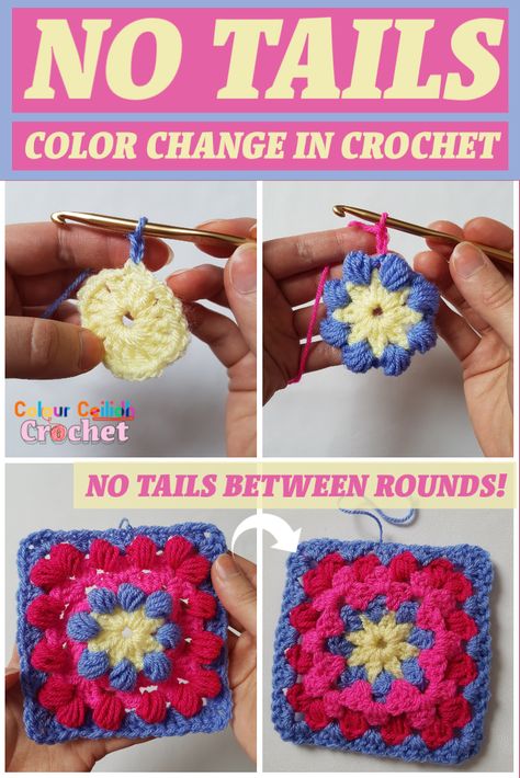 In this No Tails Color Change In Crochet tutorial you will learn exactly how to change color in crochet leaving no yarn tails to weave in at the end between rounds, rows or stripes. This method dramatically reduces the time you spend weaving in the ends because you’ll only have one end left for every motif or two ends say per stripy blanket. Change Colors In Crochet, Colourful Crochet, Crochet Stitches Guide, Yarn Tail, Granny Square Crochet Pattern, Single Crochet Stitch, Crochet Stitches Tutorial, Crochet Squares, Change In