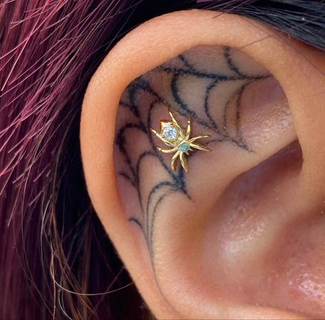 Spider Web In Ear Tattoo, Ear Web Tattoo, Spider Web Ear Tattoo, Spider Tattoo With Web, Spider Ear Tattoo, Cute Spider Tattoo For Women, Spiderweb Ear Tattoo, Cute Spider Tattoo, Spider Tattoo For Women