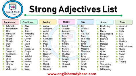 Strong Adjectives List - English Study Here Strong Adjectives, Adjective Words, List Of Adjectives, English Collocations, Teaching English Grammar, Descriptive Words, English Writing Skills, Teacher Things, Learn English Vocabulary