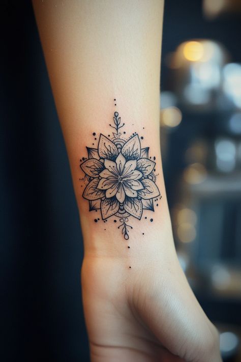 Beautify Your Wrist With 13 Mandala Tattoo Ideas - NeedleStar Flowers And Mandala Tattoo, Womens Wrist Tattoos, Hand Wrist Tattoos For Women, Peony Mandala Tattoo, Child Name Tattoo Ideas, Mandala Tattoo Ideas For Women, Inside Wrist Tattoos For Women, Mandala Lotus Tattoo, 3x3 Tattoos Ideas