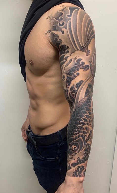 Water and koi Japanese tattoo sleeve in black and grey tones Black And Gray Japanese Tattoo, Mens Japanese Sleeve Tattoos, Sleeve Tattoos Asian, Japanese Sleeve Tattoos Black And Grey, Japanese Black And Grey Tattoo, Traditional Tattoo Art Sleeve, Japanese Tattoo Black And Grey, Neotrad Sleeve, Japanese Arm Sleeve