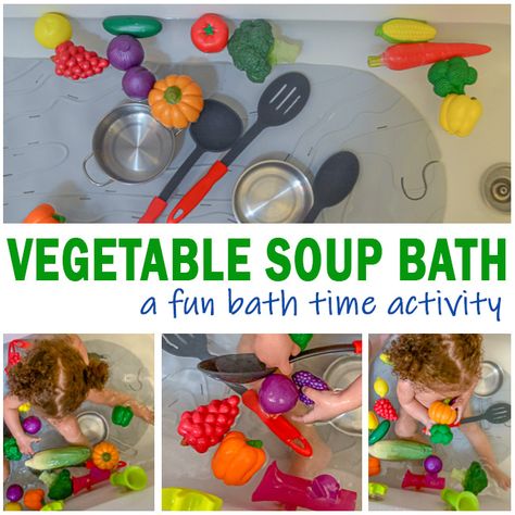 Bath Fun For Toddlers, Themed Baths For Kids, Sensory Bath Ideas, Toddler Bath Activities, Vegetable Activities For Toddlers, Fun Bath Ideas, Bath Time Ideas, Bath Time Activities, Sensory Bath