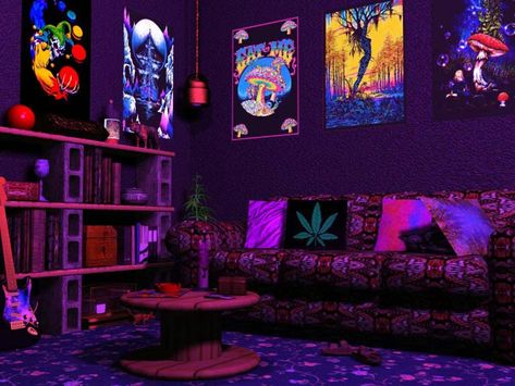 Remember the black lite posters we use to collect.  70's thing I guess? Sesh Room, Blacklight Room, Black Light Room, Aesthetic Trippy, Hippy Bedroom, Hippie Bedroom Decor, Trippy Room, Hangout Room, Hippie Bedroom