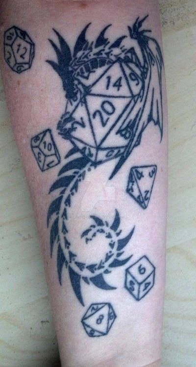 Future Tattoo Ideas, D20 Tattoo, Ash Tattoo, Fandom Tattoos, Dice Tattoo, Nerdy Tattoos, Nerd Tattoo, Sick Tattoo, D Tattoo