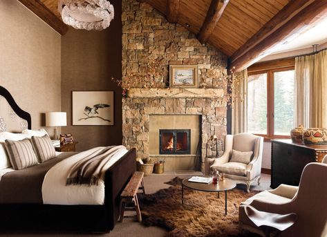 Cowboy Cabin - Big Sky Journal Updated Log Cabin Interior, Mountain House Decor, Autumn Interior, Jackson Wyoming, Log Cabin Decor, Rock Fireplaces, Interior Design Rustic, Bedroom Fireplace, Investment Properties