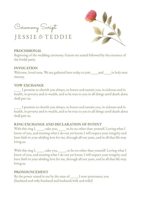 An easy-to-edit wedding ceremony script template for Google Docs. Short And Sweet Wedding Ceremony Script, Wedding Ceremony Template For Officiant, Nonreligious Wedding Ceremony Script, Officiant Speech Template, Ceremony Script For Officiant, Officiant Wedding Script Outline, Officiant Wedding Script, Simple Wedding Ceremony Script, Wedding Ceremony Template