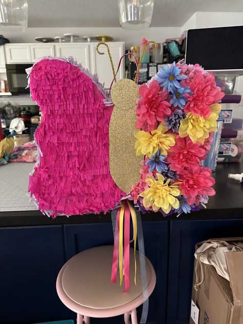 DIY Butterfly Piñata | Mamallamallama on the weekly Butterfly Pinata, Birthday Kiss, Spray Glue, Diy Pinata, Diy Butterfly, Butterfly Party, Butterfly Kisses, Pipe Cleaner, Hot Glue Gun