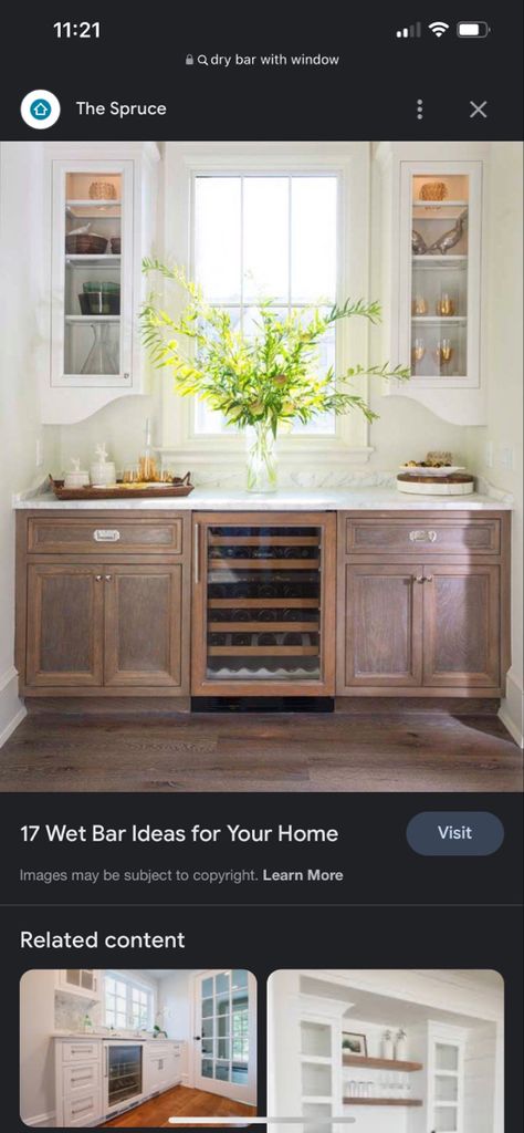 Wet Bar Ideas With Window, Dry Bar Around Window, Dry Bar Under Window, Coffee Bar With Window Above, Built In Bar Around Window, Bar With Window In Middle, Dry Bar With Window, Wet Bar Cabinets Built Ins, Wet Bar With Window In Middle