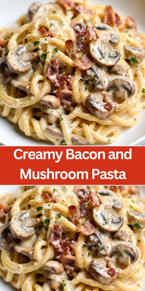 Bacon And Mushroom Pasta, Bacon Mushroom Pasta, Bacon And Mushroom, Savory Bacon, Bacon Mushroom, Mushroom Recipes Pasta, Date Night At Home, Bacon Stuffed Mushrooms, Bacon Pasta