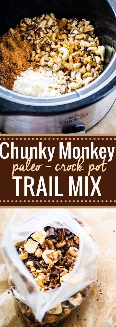 Crock Pot Chunky Monkey Paleo Trail Mix! A healthy grain free paleo trail mix that will give you energy, whether actually on a trail or snacking on the go! This chunky monkey paleo trail mix is one that you can make easy in the crockpot and lots of it. Get ready to munch on a handful mix of nuts, coconut, dark chocolate fudge chips, banana chips, and more! @cottercrunch Paleo Trail Mix, Cotter Crunch, Paleo Guide, Weight Watcher Desserts, Trail Mix Recipes, Dark Chocolate Fudge, Paleo Crockpot, Snacks Healthy, Chunky Monkey