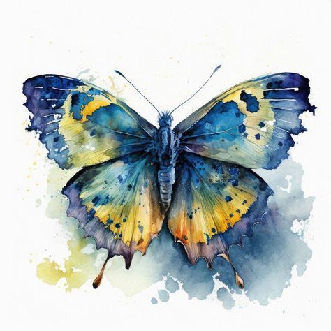 Blue And Yellow Butterfly Tattoo, Butterfly Watercolor Painting, Watercolor Painting Easy, Bird Watercolor Art, Creative Sketchbook, Butterfly Artwork, Butterfly Art Painting, Yellow Watercolor, Watercolor Flowers Tutorial