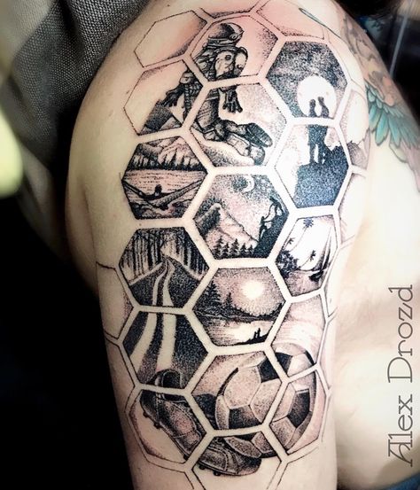 Geometric Soccer Tattoo, Hexagon Sleeve Tattoo, Hexagon Tattoo Design, Hexagon Tattoos, Soccer Ball Tattoo, Soccer Tattoos, Robot Tattoo, People Black And White, Hexagon Tattoo