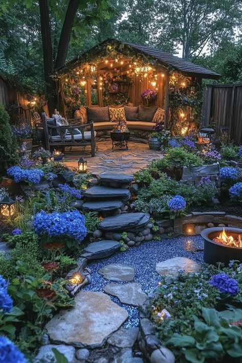 Fairy Garden Home, Garden Cottage Aesthetic, Mountain Cottages, Witchy Backyard, Backyard Orchard, Mystical Aesthetic, Fairy Lights In Trees, Magick Art, Witchy Garden