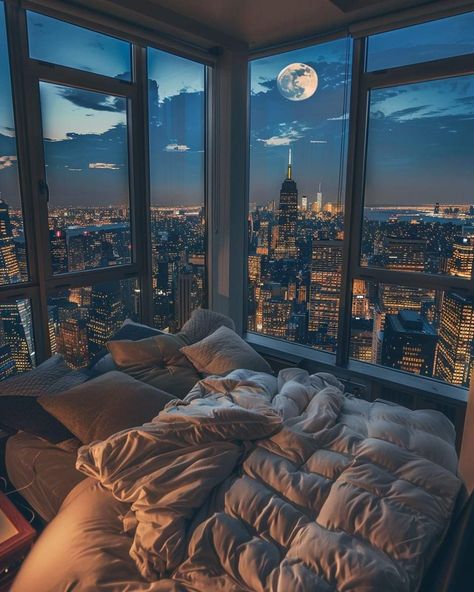 Bedroom Overlooking City, Cozy New York Apartment Bedroom, Floor To Ceiling Window Apartment, Nyc View Apartment Window, City Apartment Aesthetic Night, New York Aesthetic Apartments, City Room Aesthetic, Penthouse Bedroom Design, High Rise Aesthetic