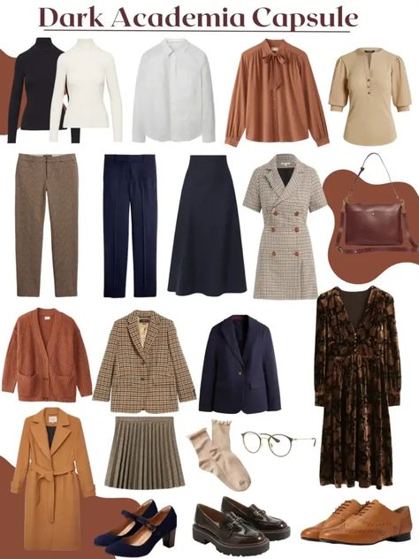 Dark academia wardrobe essentials including turtlenecks, pleated skirts, and loafers. The graphic features classic tailored pieces, rich fabrics, and sophisticated accessories embodying intellectual elegance and timeless styles. Dark Academia Capsule Wardrobe, Romantic Academia Aesthetic Outfit, Academia Capsule Wardrobe, Dark Academia Wardrobe, Capsule Wardrobe Outfit Ideas, Dark Academic, Academia Aesthetic Outfit, Academic Aesthetic, Dark Academia Outfits