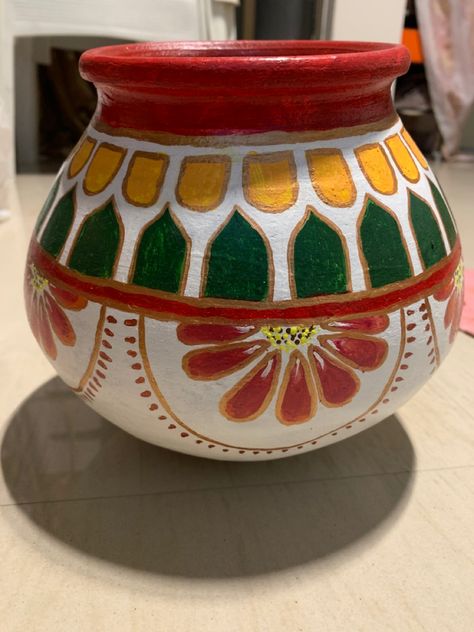 #matka #Indiandesign #babyshower #acrylic paints#earthernpot #DIY Pot Painting Designs Indian, Indian Pottery Designs, Colouring Ideas Easy, Krishna Pot Painting, Pot Painting Indian, Traditional Pot Painting, Pot Drawing Design, Indian Pot Painting, Matki Decoration Ideas With Paint