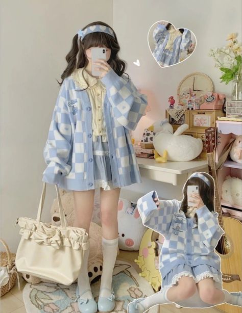 Pastel Korean Fashion, Sanrio Aesthetic Outfits, Aesthetic Pastel Outfits, Outfit Inspo Korean, Pastel Blue Outfit, Cute Pastel Outfits, White And Blue Outfit, Sanrio Outfits, Sanrio Clothes