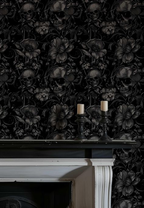 Gothic Skull Wallpaper, Dark Floral Peel and Stick or Traditional Mural, Witchy Bedroom, Bathroom Wall Decor, Black Goth Wall covering NF037 Witchy Bedroom, Abstract Wallpaper Design, Neutral Wallpaper, Floral Interior, Wallpaper Dark, Black Goth, Gothic Skull, Skull Wallpaper, Wallpaper Size