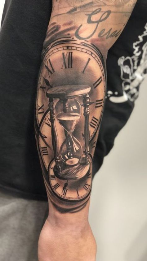 Hourglass Clock Tattoo Design, Hour Glass Tattoo Men Forearm, Hourglass Sleeve Tattoo, Sand Timer Tattoo Design, Time Glass Tattoo, Hour Glass Tattoos For Women, Hourglass Tattoo Men, A Name Tattoo, Hour Glass Tattoo Design