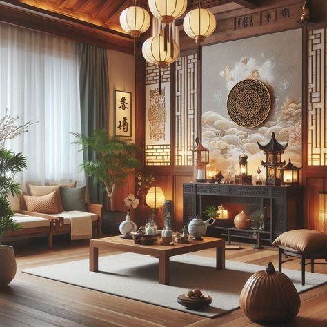 Feng Shui Living Room Living Room Chinese Style, Feng Shui Interior Design Living Room, Feng Shui Home Decor, Modern Asian Interior Design, Asian Inspired Living Room, Indochina Interior, Feng Shui Apartment, Modern Asian Decor, Feng Shui Interior Design