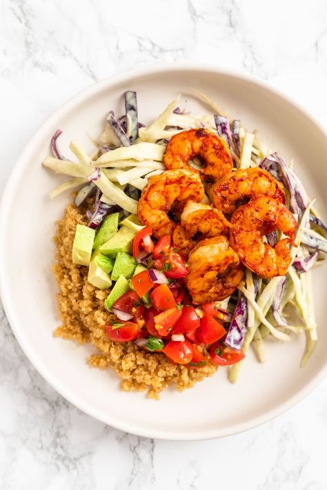 Shrimp Taco Bowl, Healthy Shrimp Tacos, Cilantro Slaw, Spiced Shrimp, Shrimp Taco, Taco Toppings, Taco Bowl, Eating Tacos, Vegetarian Tacos