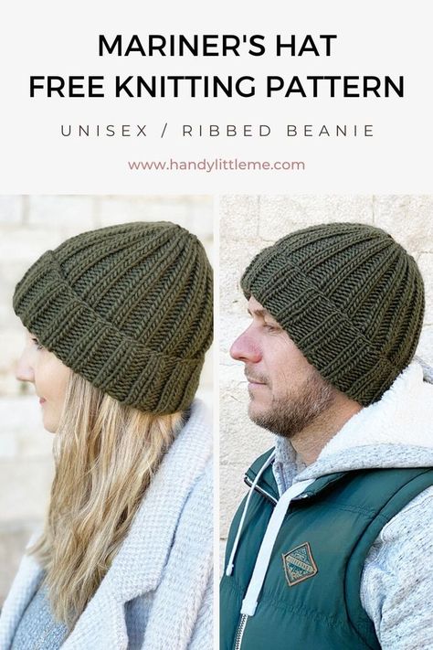 Make a ribbed beanie that is perfect for any time of the year!  Created using basic knitting stitches, this is perfect for any advanced beginners. This seaman's watch cap or mariner's hat pattern is a simple and easy pattern to follow. #hatpattern #knitting #knittingpattern #ribbedbeanie #beaniepattern Mariners Hat Knitting Pattern, Knitting Patterns For Beanies, Knitting Patterns Free Hats Women Winter, Patterns For Knitted Hats, Simple Knitted Hat, Simple Hat Knitting Pattern, Beginner Knit Beanie, Simple Beanie Knitting Pattern, Beginner Hat Knitting Pattern