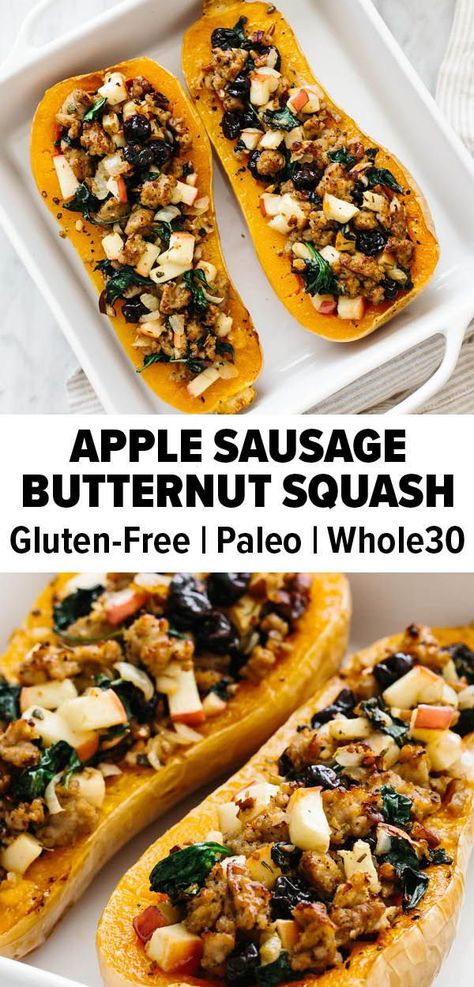 Essen, Sausage Stuffed Butternut Squash, Autumn Dinner Ideas, Sausage Butternut Squash, Stuffed Butternut Squash, Stuffed Butternut, Sausage And Kale, Autumn Dinner, Apple Sausage