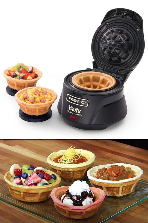 Make tasty waffle bowls with nearly unlimited filling possibilities. Fill with butter and syrup, fruits, ice cream, eggs and sausage, fried chicken, and more! Waffle Bowl Maker Recipes, Waffle Bowl Recipe, Waffle Bowl Maker, Waffle Cone Maker, Best Waffle Maker, Healthy Baking Desserts, Cone Dessert, Ice Cream Waffle Cone, Waffle Bowl