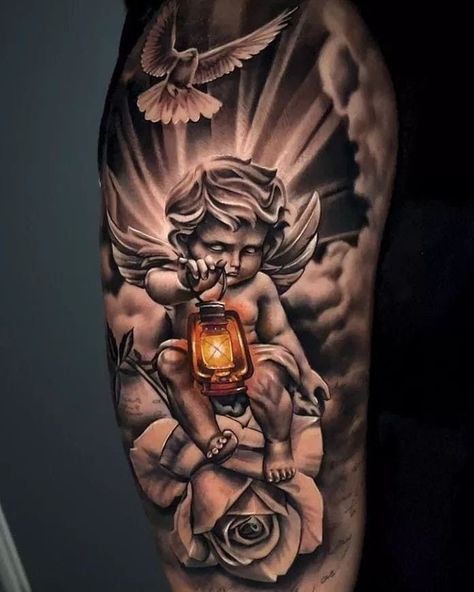 Cherub Tattoo Designs, Lovely Tattoo, Cupid Tattoo, Heaven Tattoos, Cherub Tattoo, Gangsta Tattoos, Cool Arm Tattoos, Religious Tattoo, Religious Tattoos