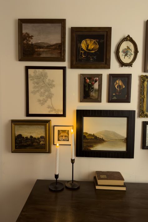 Home Office Frame Wall, Gallery Wall Antique And Modern, Victorian Wall Art Ideas, Small Vintage Gallery Wall, Gallery Wall With Thermostat, Gallery Wall Vintage Frames, How To Hang A Mirror On The Wall, Antique Picture Frames On The Wall, Gallery Wall Above Desk