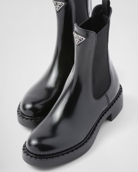 Black Brushed Leather Booties | PRADA Chocolate Shoes, Prada Boots, Lug Sole Boots, Fancy Shoes, Rounded Toe Boots, Prada Leather, Black Chelsea Boots, Leather Chelsea Boots, Triangle Logo