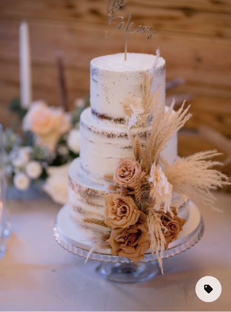 Rustic Wedding Cake Pampas, Pampas Cake Wedding, Wedding Cakes Vintage Boho, Boho Anniversary Cake, Beige Wedding Cake Simple, Wedding Cakes Boho Rustic, Boho Wedding Shower Cake, Boho Cakes Ideas, Simple Fall Wedding Cakes 2 Tier