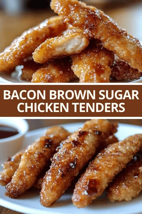 Dinner With Chicken And Bacon, Praline Chicken Recipes, Pecan Chicken Tenders, Dinner Ideas Bacon, Sauced Chicken Tenders, Brown Sugar Bacon Chicken Tenders, Chicken Fried Bacon, Brown Sugar Chicken Tenders, Saucy Chicken Tenders