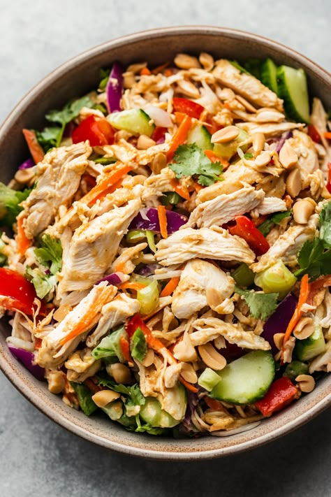 Whip up this quick and flavorful Thai Chicken Salad Recipe with Peanut Dressing in just 20 minutes. Packed with fresh veggies and creamy peanut dressing! Healthy Thai Chicken Salad, Spicy Thai Chicken Salad, Thai Chicken Salad With Peanut Dressing, Thai Peanut Chicken Salad, Thai Salad With Peanut Dressing, Low Cal Salad Dressing, Peanut Dressing Salad, Zappa Toscana Soup, Zappa Toscana