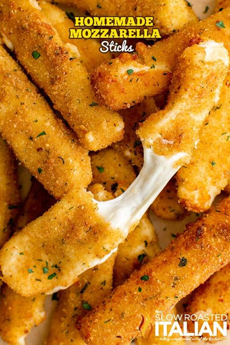 Homemade Mozzarella Sticks- The Slow Roasted Italian Pizza Bites Appetizer, Homemade Mozzarella Sticks, Mozzarella Sticks Recipe, Homemade Mozzarella, Slow Roasted Italian, Mozzarella Cheese Sticks, Fried Cheese, Frozen Appetizers, The Slow Roasted Italian