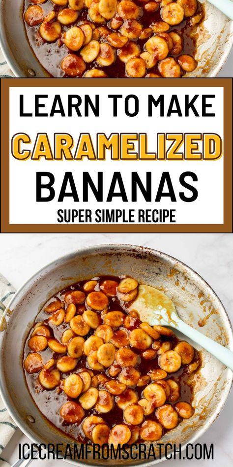 Delicious and decadent, yet super simple to make, Caramelized bananas make the best ice cream topping. Try these sweet bananas on pancakes or waffles too. Candied Bananas, Summer Banana Recipes, Banana Pancake Topping, Waffles With Bananas, Bruleed Bananas, Carmelized Banana Recipes, Banana Sauce For Pancakes, Fruit Topping For Pancakes, How Do You Carmalize Bananas