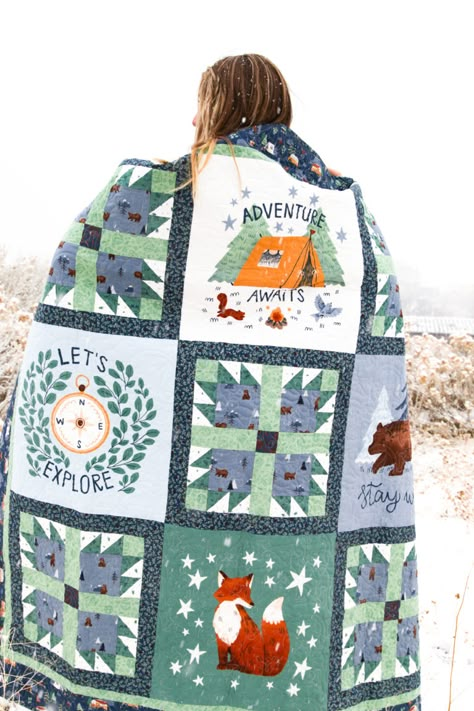 Woodland Baby Quilt, Fox Quilt, Camping Quilt, Boys Quilt Patterns, Woodland Quilt, Panel Quilt Patterns, Woodland Fabric, Mountain Quilts, Baby Quilt Pattern