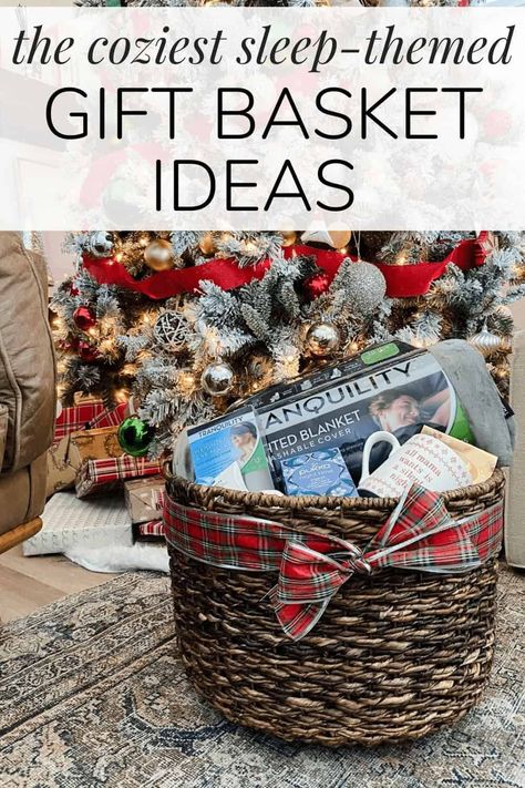 Blanket Gift Ideas Basket, Bedroom Gift Basket Ideas, Gift Basket With Throw Blanket, Sleep Basket Gift Ideas, Blanket Gift Basket Ideas Christmas, Cozy Blanket Gift Basket Ideas, Gift Basket With Blanket Ideas, Pajama Gift Basket Ideas For Women, Gift Basket Ideas With Blankets