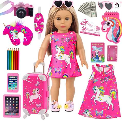 #americangirldolls #giftideas #girls Preschool Supplies, Doll Suitcase, Babysitting Crafts, Baby Barbie, Kids Toy Shop, Doll Crib, Suitcase Travel, Kids School Backpack, Baby Doll Accessories