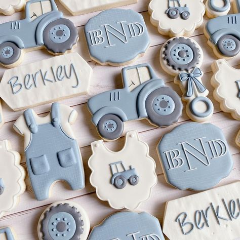 I really enjoyed working on this set! Such a cute theme for a baby shower! 💙🚜 | Instagram Tractor Baby Shower Theme, Truck Baby Shower Theme, Farm Baby Shower Theme, Tractor Cookies, Tractor Baby Shower, Decorated Biscuits, Baby Boy Cookies, Farm Cookies, Farm Baby Shower