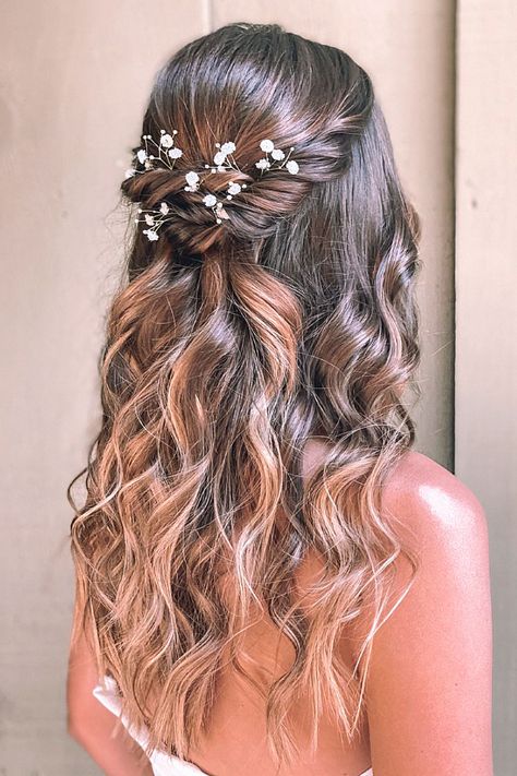 Mesmerized by the elegant half up style. Hit follow for more glam inspo, and share your thoughts on this look. Hair For Wedding Half Up Half Down, Bridal Hair Vine Half Up, Floral Half Up Half Down Hair, Half Up Wedding Hair With Flowers, Half Up Half Down Hair Flowers, Wedding Hair Inspiration Half Up, Half Updo Hairstyles Wedding, Wedding Hair Down Curled, Dark Hair Wedding Hairstyles Brides