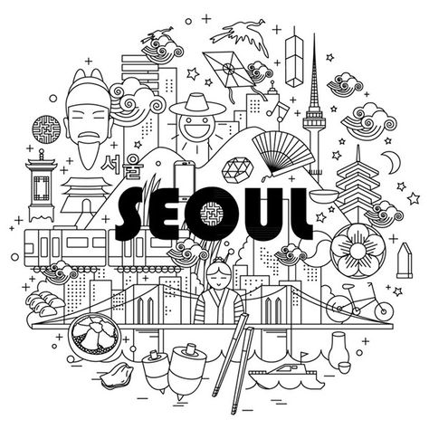 Seoul illust on Behance Seoul Illustration, Korean Illustration, Korean Design, City Illustration, Korean Art, Doodle Designs, Illustration Graphic Design, Line Illustration, Vintage Travel Posters