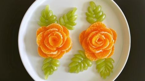 Fancy Fruit Salad Presentation, Orange Carving Ideas, Orange Fruit Platter, Orange Carving Fruit, Fruit Decorations Ideas, Cut Fruit Platter, Fruit Salad Ideas Creative, Food Carving Fruits And Vegetables, Orange Fruit Decor