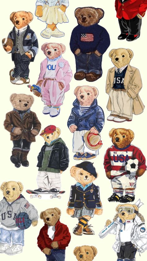 Polo bears Ralph Lauren Designer Cute wallpaper background collage iphone background Ralph Lauren Prints, Polo Bear Ralph Lauren Outfit, Ralph Lauren Teddy Bear, Polo Ralph Lauren Outfits, Polo Bear Ralph Lauren, Collage Stickers, The Art Of Flight, Ralph Lauren Bear, Autumn Wine