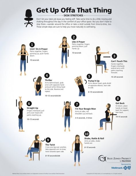 Fantastic desk stretches from Healthways' Blue Zones Project Desk Stretching, Desk Yoga, Chair Pose Yoga, Desk Workout, Ashtanga Vinyasa Yoga, Office Yoga, Office Exercise, Workplace Wellness, Chair Exercises