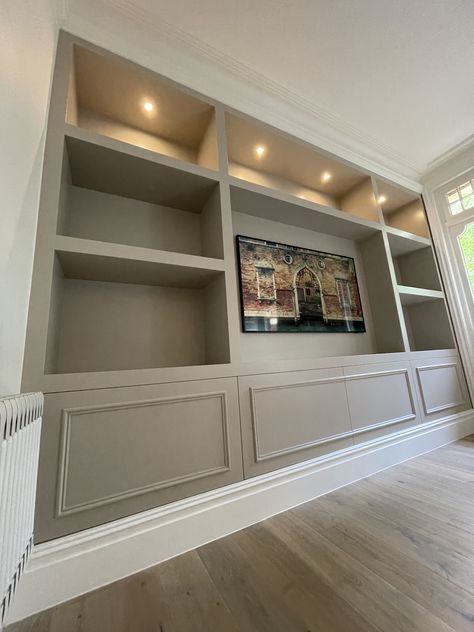 White And Wood Tv Wall, Bespoke Media Unit, Painted Media Wall, Traditional Media Wall, Mdf Tv Unit Design, Elephants Breath Living Room, Coving Ideas Living Rooms, Media Wall Living Room, Hidden Tv Wall