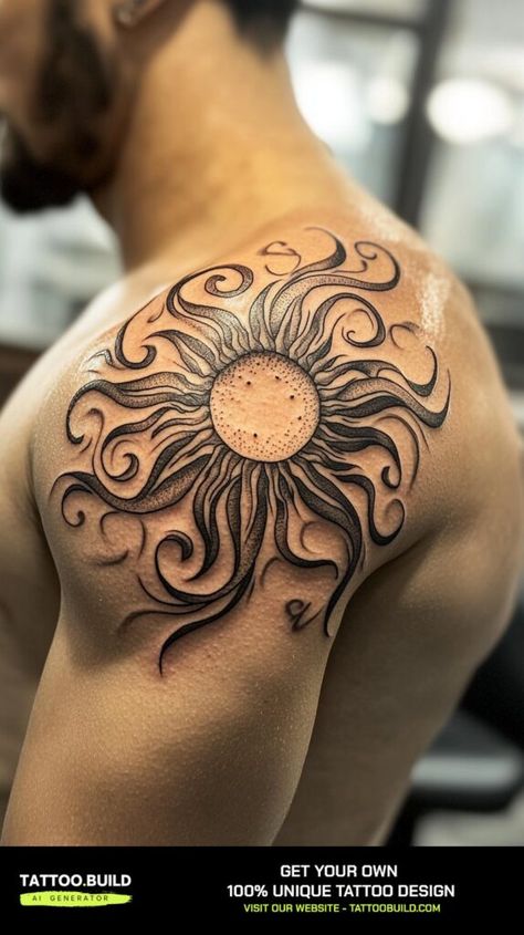 Discover Stunning Back Tattoo Designs for Men Inspiration Galore at Tattoo Build Sun Back Tattoo For Men, Full Shoulder Tattoo Men, Upper Shoulder Tattoo Men Ideas Design, Shoulder Tats Men, Best Shoulder Tattoos Men, Sun Tattoo On Shoulder, Top Of Shoulder Tattoo Men, Moon Shoulder Tattoo, Sun Shoulder Tattoo