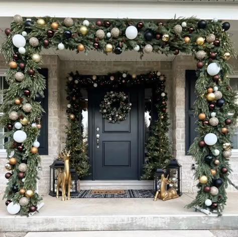 Front Porch Christmas Decor - Ideas You Will Love! - Macy Blackwell Christmas, Outdoor Christmas Garland, Porch Garland, Macy Blackwell, Christmas Arch, Outside Christmas Decorations, Front Door Christmas Decorations, Christmas Front Porch, Christmas Front Doors